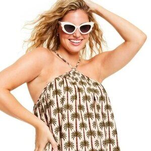 Agua Bendita X Target Cream Green‎ Palm Tree Linen Blend Halter Mini Dress Boho